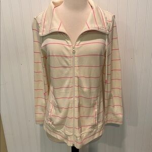T by Talbots Cream and Pink Striped Zip-Up Jacket Size MP